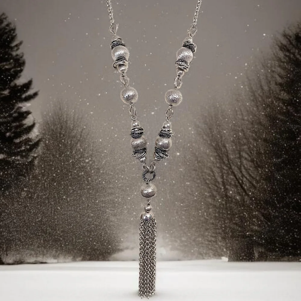 Y Drop Beaded Tassel Chain Necklace Bohemian‎ Western Witchy Silver Tone Gypsy